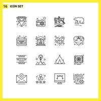 Pictogram Set of 16 Simple Outlines of calendar polar engineering bear processing Editable Vector Design Elements