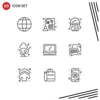 Editable Vector Line Pack of 9 Simple Outlines of imac monitor fast food computer leaf Editable Vector Design Elements