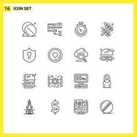 Set of 16 Modern UI Icons Symbols Signs for shield access clock nature leaf Editable Vector Design Elements