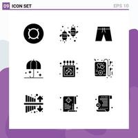 Pictogram Set of 9 Simple Solid Glyphs of sunshade rain fly protection short Editable Vector Design Elements