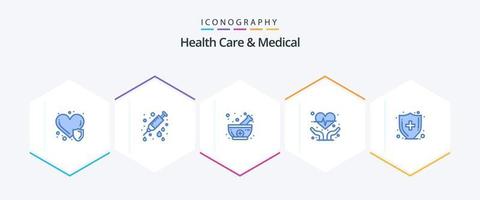 Health Care And Medical 25 Blue icon pack including medical insurance. health insurance. bowl. heart health. cardiogram vector