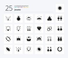 paquete de iconos de 25 glifos sólidos de joyería que incluye aretes. anillo. corona. joyas. lujo vector