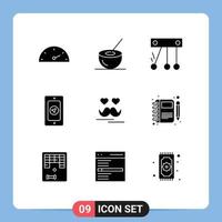 Pack of 9 Modern Solid Glyphs Signs and Symbols for Web Print Media such as moustache day movement celebrate pin Editable Vector Design Elements