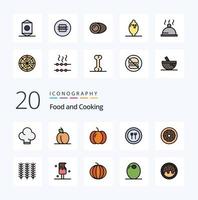 Paquete de iconos de color lleno de línea de 20 alimentos como cuchillo de postre de calabaza de rosquilla de refrigerio vector