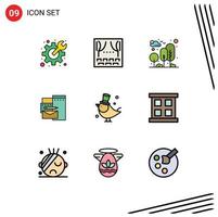 Pack of 9 Modern Filledline Flat Colors Signs and Symbols for Web Print Media such as bird identity city branding tree Editable Vector Design Elements