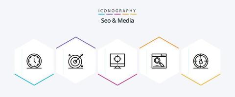 Seo and Media 25 Line icon pack including search. optimize. seo. media. targeting vector