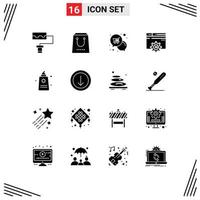 Group of 16 Solid Glyphs Signs and Symbols for fountain setting notification gear web Editable Vector Design Elements