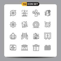 conjunto de pictogramas de 16 contornos simples de elementos de diseño de vectores editables de engranajes cog desert world services
