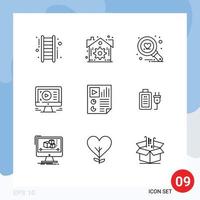 Set of 9 Modern UI Icons Symbols Signs for report document love data video Editable Vector Design Elements