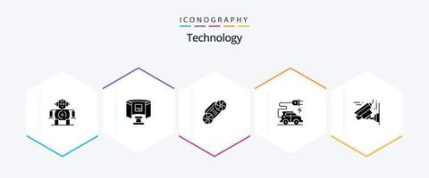 paquete de iconos de 25 glifos de tecnología que incluye . tecnología. música. imagen. vehículo eléctrico vector