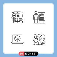 Mobile Interface Line Set of 4 Pictograms of grid laptop play achieve camera Editable Vector Design Elements