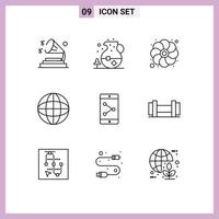 Pictogram Set of 9 Simple Outlines of mobile application app share flower worldwide globe Editable Vector Design Elements