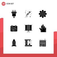 9 Thematic Vector Solid Glyphs and Editable Symbols of calender day grilled food earth media player Editable Vector Design Elements