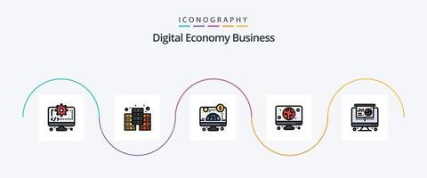 la línea de negocios de economía digital llenó el paquete de iconos planos 5 que incluye . proyector. en línea. computadora. computadora vector