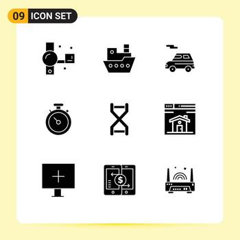 9 conjunto de glifos sólidos universales para aplicaciones web y móviles biología navegación barco mapa vehículo elementos de diseño vectorial editables vector