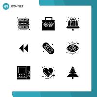 Modern Set of 9 Solid Glyphs and symbols such as board video cake revind control Editable Vector Design Elements