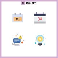 Set of 4 Vector Flat Icons on Grid for calendar not money date bulb Editable Vector Design Elements