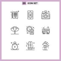 Modern Set of 9 Outlines and symbols such as bus time media management tulip Editable Vector Design Elements