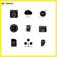 Universal Icon Symbols Group of 9 Modern Solid Glyphs of business report notification weather mobile stopwatch Editable Vector Design Elements