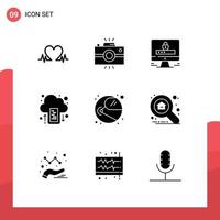 9 Solid Glyph concept for Websites Mobile and Apps astronaut mobile vintage camera drive security Editable Vector Design Elements