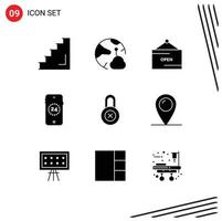 Group of 9 Modern Solid Glyphs Set for lock online networking ecommerce open Editable Vector Design Elements