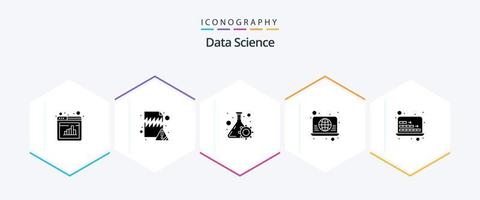 Data Science 25 Glyph icon pack including web. global. flask. architecture. system vector