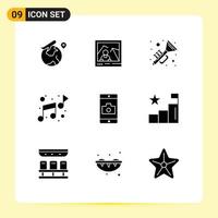 Solid Glyph Pack of 9 Universal Symbols of mobile application application horns sound music Editable Vector Design Elements