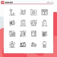 Mobile Interface Outline Set of 16 Pictograms of money finance database coins dollar Editable Vector Design Elements