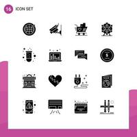 Pack of 16 Modern Solid Glyphs Signs and Symbols for Web Print Media such as tube test love experiment park Editable Vector Design Elements