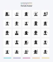 avatar femenino creativo paquete de iconos negros sólidos de 25 glifos como dama. empleado. mujer. negocio. técnico vector