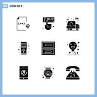 Pack of 9 Modern Solid Glyphs Signs and Symbols for Web Print Media such as archive pc hand hardware truck Editable Vector Design Elements