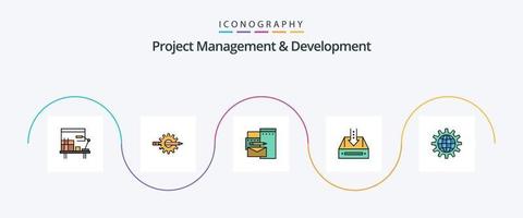 la línea de gestión y desarrollo de proyectos llenó el paquete de iconos planos 5 que incluye el documento. caja. engranaje. bandeja de entrada. identidad vector