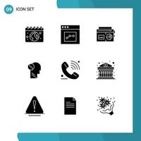 Pack of 9 Modern Solid Glyphs Signs and Symbols for Web Print Media such as support mind tape head svg Editable Vector Design Elements