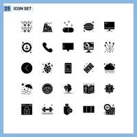 Group of 25 Modern Solid Glyphs Set for device computer drug food dinner Editable Vector Design Elements