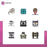 Pack of 9 Modern Filledline Flat Colors Signs and Symbols for Web Print Media such as computer service teamwork repair engineering Editable Vector Design Elements