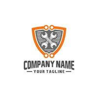 Shield repair logo design, mechanic tools in shield vector icon. Car repair service, wrench, plumber vector illustration.