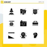 Modern Set of 9 Solid Glyphs Pictograph of camera education globe format world timer Editable Vector Design Elements