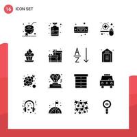 Pack of 16 Modern Solid Glyphs Signs and Symbols for Web Print Media such as cupcake medicine display measuring cure Editable Vector Design Elements