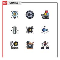 conjunto de 9 iconos de interfaz de usuario modernos símbolos signos para moneda lluvia buen clima caliente elementos de diseño vectorial editables vector