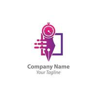 Writing time vector logo template. This design use pen and stopwatch symbol. Suitable for business management.