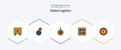 Global Logistics 25 FilledLine icon pack including shipping. delivery. badge. boxes. honor vector
