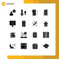 Group of 16 Solid Glyphs Signs and Symbols for mobile player weather music heater Editable Vector Design Elements