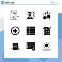 Editable Vector Line Pack of 9 Simple Solid Glyphs of wireframe sign recorder plus hospital Editable Vector Design Elements