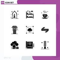 Mobile Interface Solid Glyph Set of 9 Pictograms of cloud farming sleep farm fathers day Editable Vector Design Elements