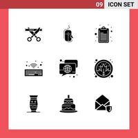 Mobile Interface Solid Glyph Set of 9 Pictograms of globe bubble shopping wireless hardware Editable Vector Design Elements