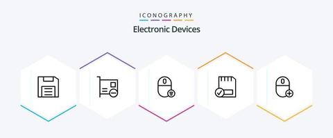 paquete de iconos de 25 líneas de dispositivos que incluye conectado. tarjeta. hardware. ratón. artilugio vector