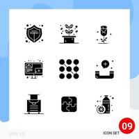 Pack of 9 Modern Solid Glyphs Signs and Symbols for Web Print Media such as security lock love screen blogging Editable Vector Design Elements