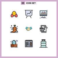 paquete de 9 modernos signos y símbolos de colores planos de línea rellena para medios de impresión web, como el acuerdo de apretón de manos, la terapia del panel de control, los elementos de diseño de vectores editables de ginseng