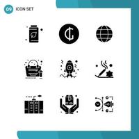 Set of 9 Commercial Solid Glyphs pack for development app globe growth analytics Editable Vector Design Elements