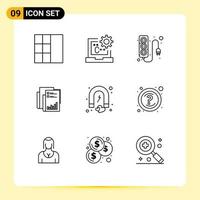 Group of 9 Outlines Signs and Symbols for paper data plug business analytics Editable Vector Design Elements